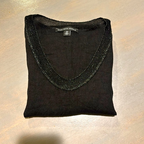 Saks Fifth Avenue Linen Blouse - Black V-Neck - Made in Italy Size Small - Picture 11 of 11